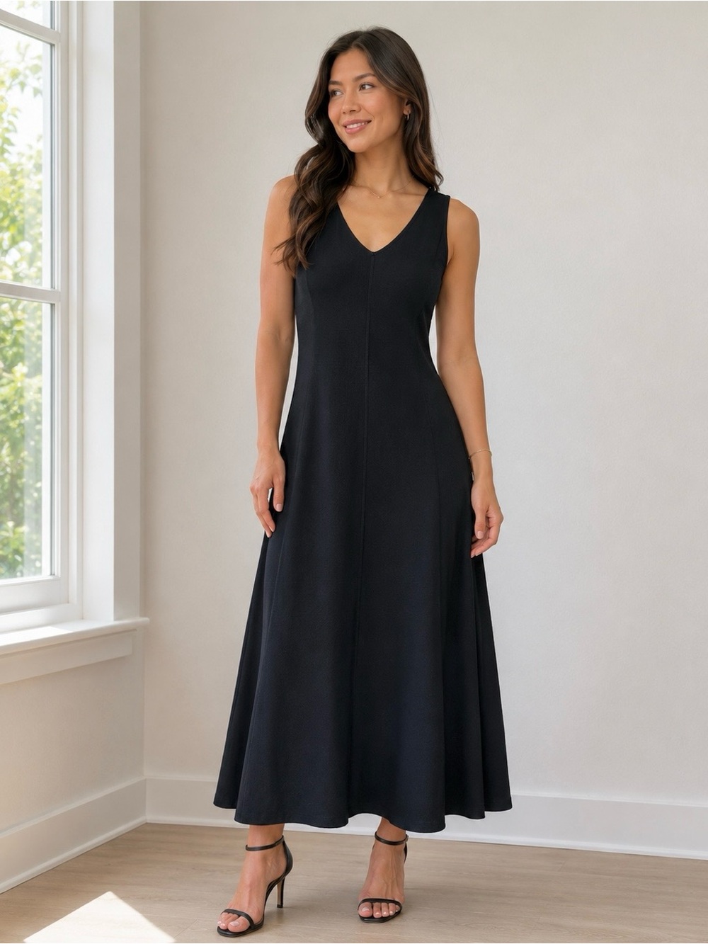 Eileen Fisher Black Sleeveless Stretch Knit Midi Dress XL Minimalist A-Line